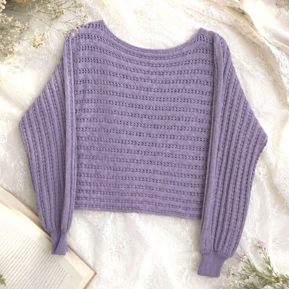 La Miel Lavender Knit Cropped Sweater - Oversized Cottagecore Boxy Pullover